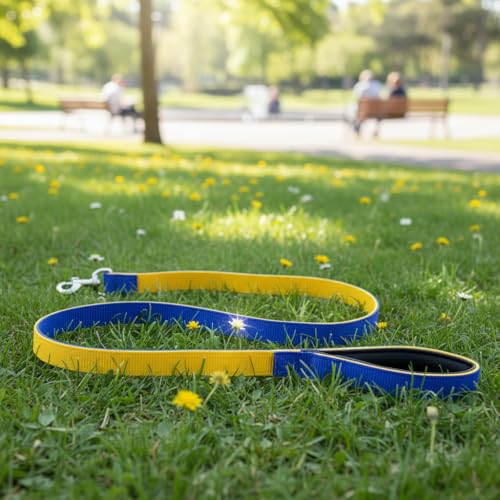 Image of Dog Leash with Padded Handle and Padded Collar Set | Adjustable Nylon Dog Collar & Heavy Duty Leash with Strong Metal Clip | Useful for Small Medium Large Dogs (Blue & Yellow)