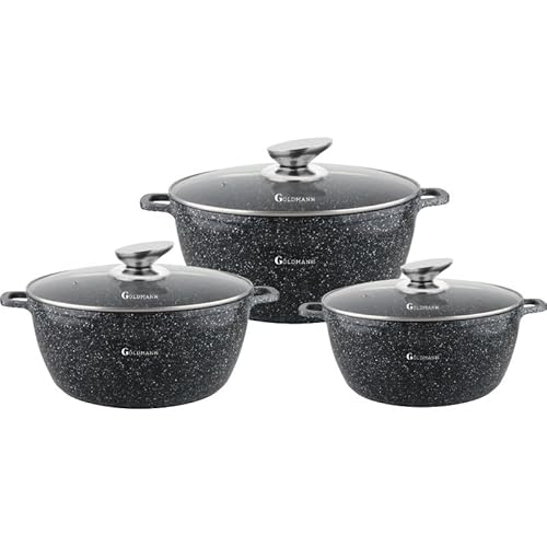 GOLDMANN 3-teiliges Kochtopf-Set (20x24x28 CM) – Guss-Aluminium Töpfe mit Glasdeckeln, Antihaft-Marmor-Keramikbeschichtung, PFOA-frei, für Induktion & alle Herdarten, spülmaschinen & ofenfest GOLDMANN 3-teiliges Kochtopf-Set (20x24x28 CM) – Guss-Aluminium Töpfe mit Glasdeckeln, Antihaft-Marmor-Keramikbeschichtung, PFOA-frei, für Induktion & alle Herdarten, spülmaschinen & ofenfest