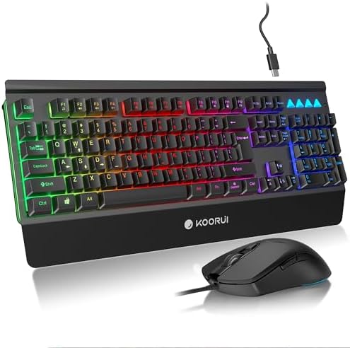 KOORUI Membrane Wired Gaming Keyboard and Mouse,Colorful Backlight,All-Metal Panels,All Keys Anti-Ghosting Keyboard with 6 Buttons 3200 DPI Mouse,Comfortable Typing and Clicking,Win/Mac,Black