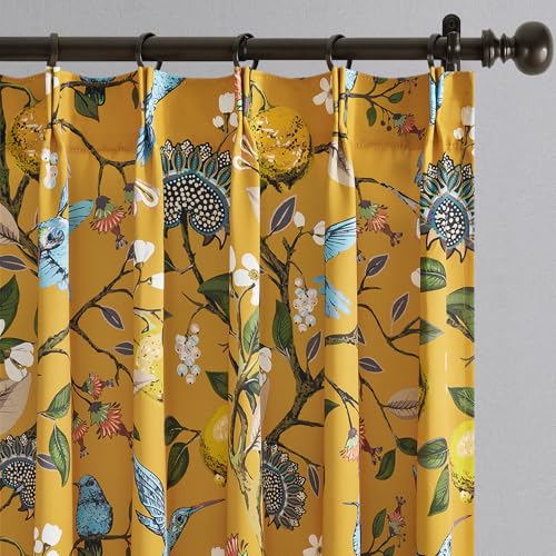 Drapenova Mustard Yellow Vintage Floral Curtains 84 Inches Long for Living Room Bedroom Luxury Whimsical Lemon Hummingbird Patterned Waverly Mid Century Colorful Pinch Pleated Blackout Drapes 2 Panels