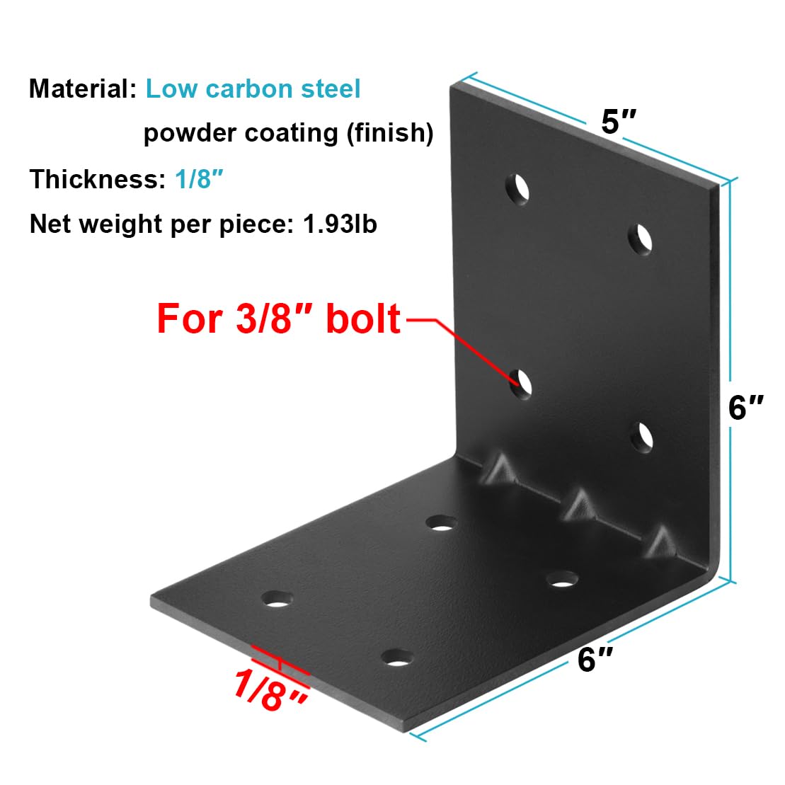 4 staffe ad angolo retto a L in acciaio nero, 15,2 x 15,2 x 12,7 cm, resistente spessore 1/8", acciaio calibro 11, carico massimo 81,6 kg, supporto per giunti in metallo rinforzato