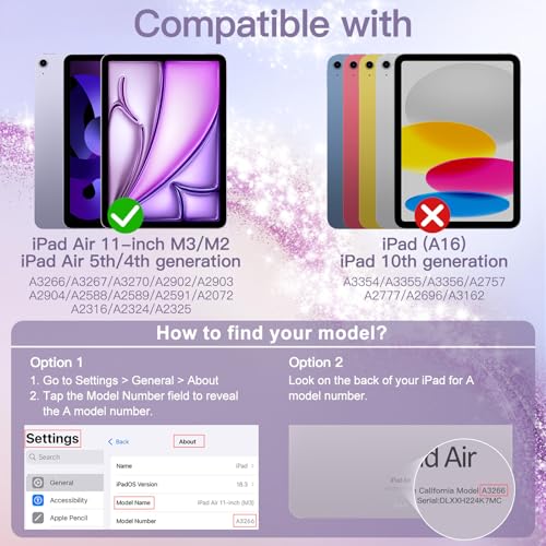 JETech iPad Air 11インチ M3/M2 (2025/2024)、iPad Air 5/4 (2022/2020モデル、第5/4世代)用 グリッターケース Pencilホルダー付き キラキラかわいい スリムカバー 子供や女の子向け 光沢のあるクリアバックシェル (パープル)