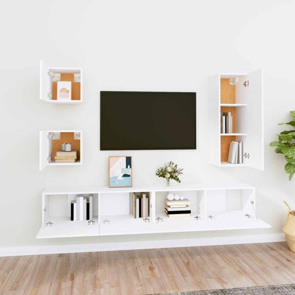 5-TLG. TV-Schrank-Set, Weiß, Holzwerkstoff, Wandmontage, Modernes Media-Center für Wohnzimmer, Schlafzimmer, Viel Stauraum