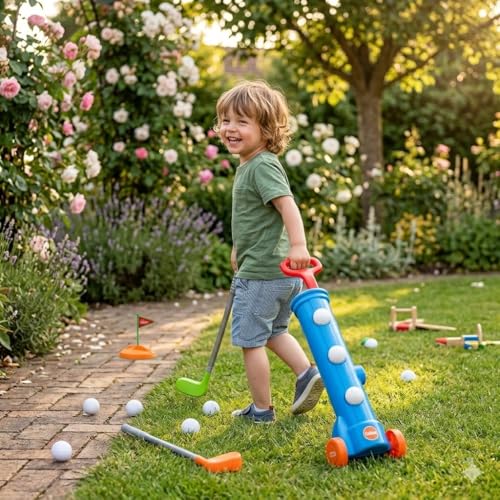 Image of Golf Trolley for Kids - Portable Golf Accessories Kit with 1 Trolley case, 3 Golf Sticks, 3 Balls, Platform Cup & Flag for 3+ Years Kids, Children, Boys, Girls, Sports Outdoor Game for Kids