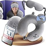 Vacanity 2in1 Snooze Zone – Größenverstellbares Memory Foam Nackenkissen Flugzeug, einzigartiges Reisekissen, kompakt verstaubar, praktisches Nackenhörnchen für Reisen – Grau