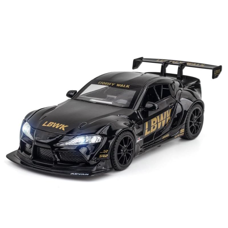 Image of PINQUE Kids New Toyota Supra GR LBWK 1:24 Diecast Alloy Metal Pull Back Car With Openable Doors, Music, Sound and Light - Vehicle Toy for Boys (Black)