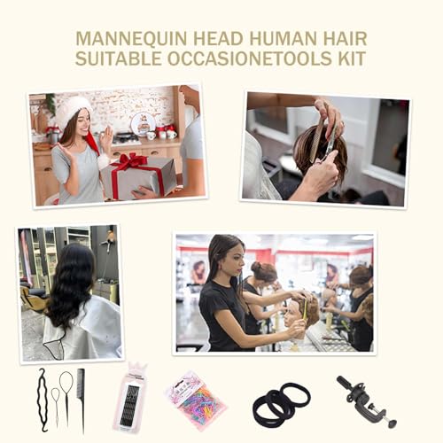 mannequin head human hair manikin head with 100 human hair cosmetology doll head for hairdresser practice braiding hair styling with table clamp stand and tools 14inch