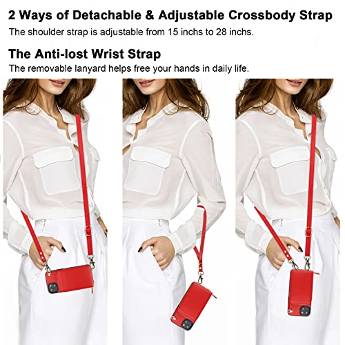 Kihuwey Crossbody Wallet Case For Iphone 14 Plus, Zipper Pocket Case With Card Holder, Pu Leather Rfid Blocking Protective Cover Case With Kickstand Detachable Wrist Strap Lanyard 6.7" (Red) #TOP2
