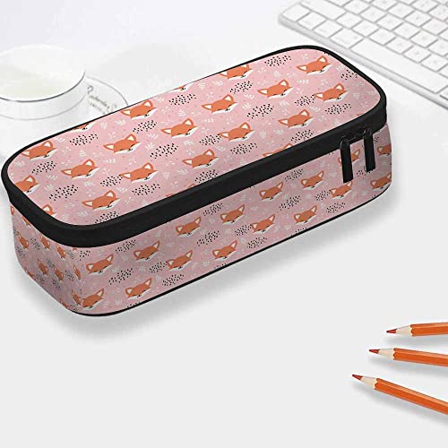 Image of Yekiua Cute Fox Pencil Pouch Floral Dots Leaves High Capacity Pencil Case Stationary Bag Cosmetics Bag Pink