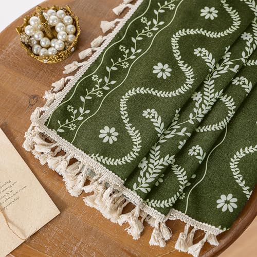 Image of Olive Green Floral Curtains 54 Inch Long for Living Room, Bedroom, 2 Panels Boho Farmhouse Vintage Tassel Semi Sheer Privacy Window Curtains Drapes with Rod Pocket