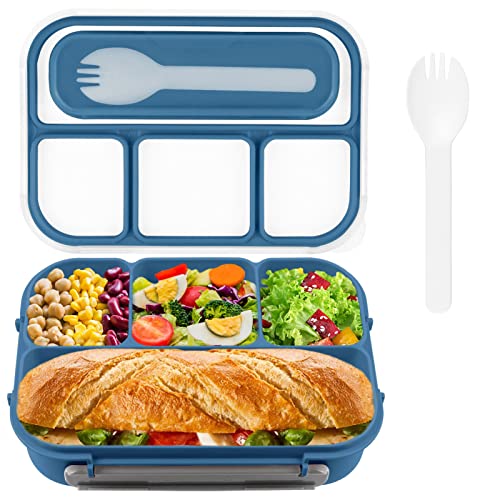 Kisstta Boîte à repas pour enfants avec 4 compartiments, 5 tasses à bento avec fourchette, récipient à déjeuner micro-ondes pour adulte/tout-petit Bleu Cover