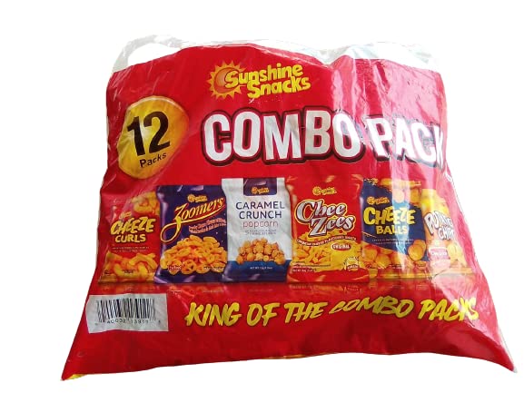 Sunshine Snacks Combo Pack of 12 ( 2 Cheezees 2 Cheeze Balls 2 Potato Chips 2 Zoomers 2 Cheeze Curls 2 Caramel Crunch Popcorn