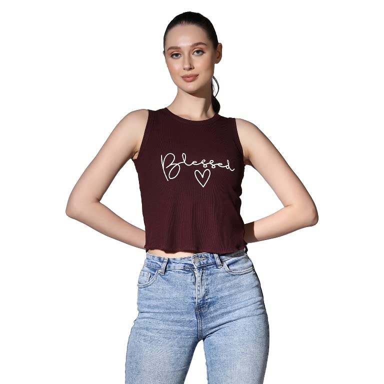 Image of OM SAI LATEST CREATION Crop Tops for Women || Ribbed Solid Chest Printed Crop Top for Girls || Text & Hart Print with Round Neck & Sleeveless Crop Top for Women || Tank Top.