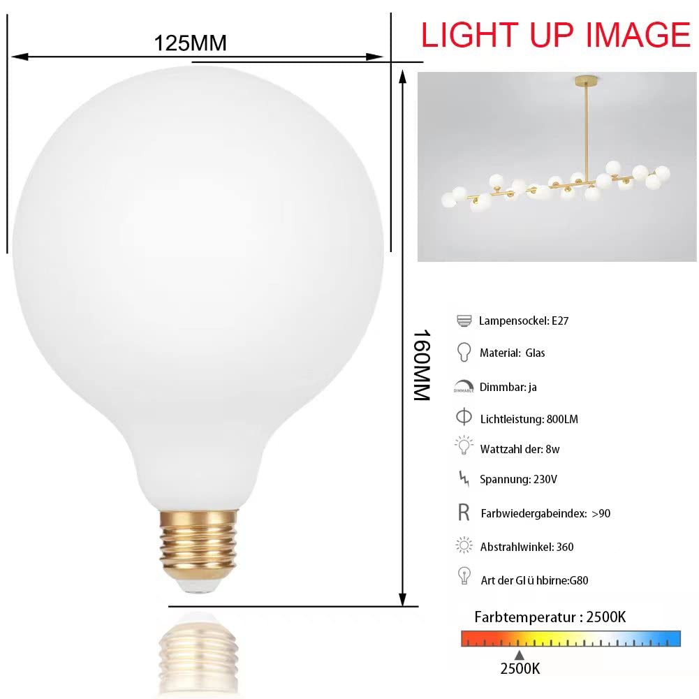 matowa biała żarówka LED G125 E27 żarówka filamentowa Large bulb 2500 K 2 szt