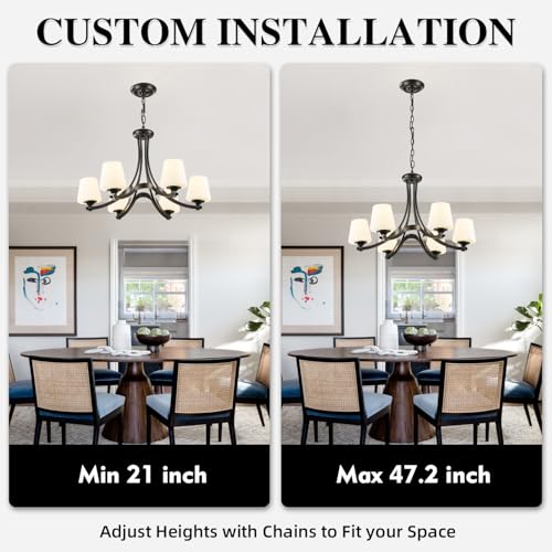 Image of 6 Light Modern Black Chandeliers, Farmhouse Dining Room Light Fixtures Over Table Rustic Chandeliers for Kitchen Island with Frosted Glass Shade for Living Room Foyer Height Adjustable 47.2''