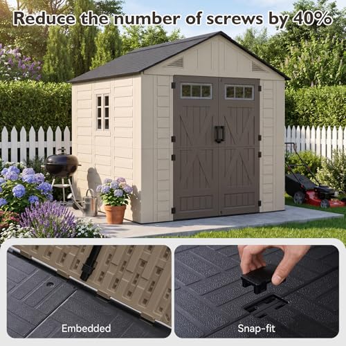 Image of Aoxun 8x8 Ft Outdoor Storage Shed with Floor, Large Resin Outdoor Shed with Lockable Door & Windows, Garden HDPE Sheds for Lawn Tools, Pool Supplies & Bikes