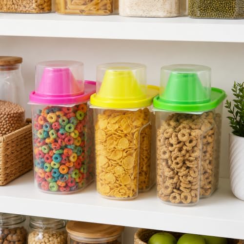 Image of Basicwise 1.9 Liters Set of 3 Small Airtight Food Storage Containers with Pouring Spout and Measuring Cup Lid for Flour Sugar Cereal Rice Pantry Staples & Baking Ingredients in Green Pink and Yellow