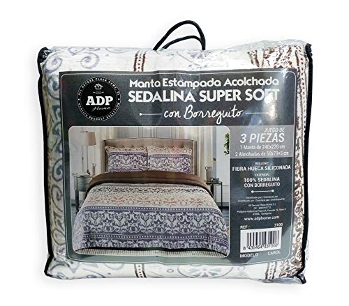 ADP Home - Conforter Sedalina Estampada Carol con Borreguito (240x220 CM) + 2 Fundas de Almohada con Volante (50x70 +5 CM)