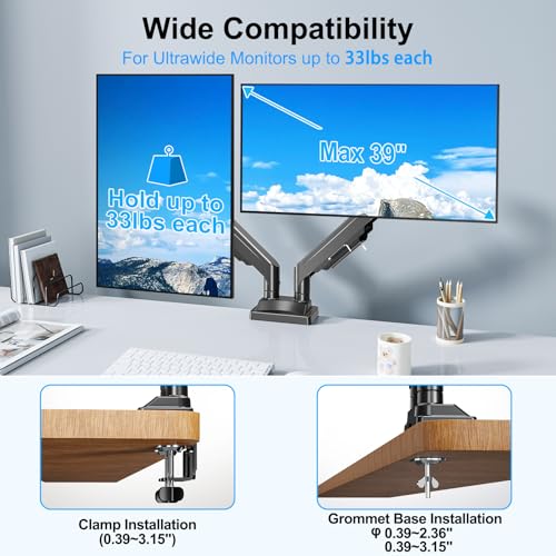 Image of Dual Monitor Mount for Screens up to 43 inch, Heavy Duty Ultrawide Dual Monitor Arm Holds 2.2-33lbs Each, Premium Gas Spring Adjustable Computer Monitor Stand for 2 Monitors, VESA Desk Mount