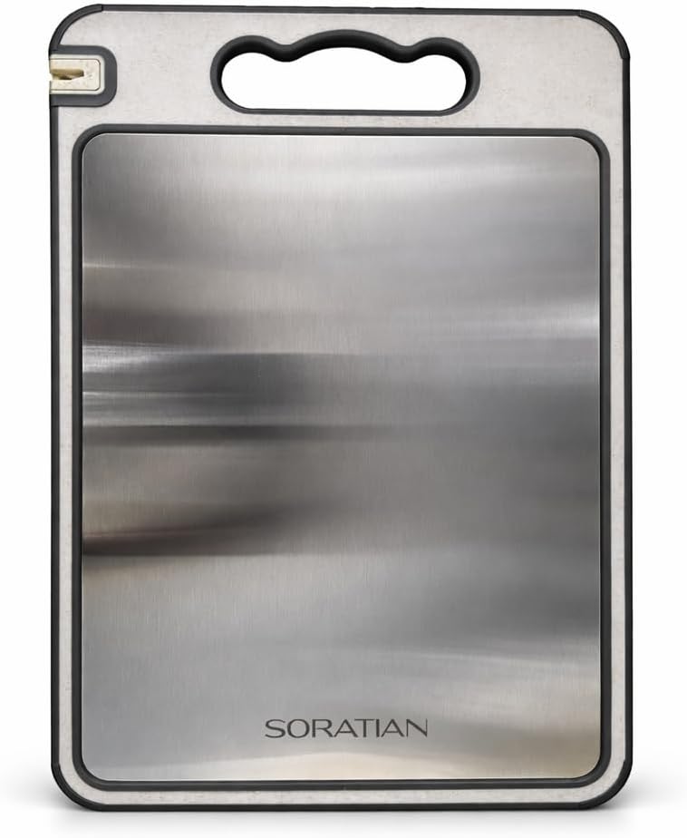 Stainless Steel Cutting Board, Double Sided (304 Steel + BPA-Free PP Plastic), Dishwasher Safe, Non-Slip, Deep Juice Groove/Lip, Handle, Built-In Knife Sharpener & Integrated Grater