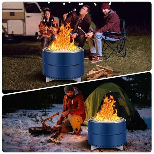 Smokeless Firepit, 27 Inch Stainless Steel Outdoor Portable Fire Pit with Removable Ash Pan and Carry Bag, Wood Burning Firepits for Outside with Stand, Ideal for 6 or More People, Blue