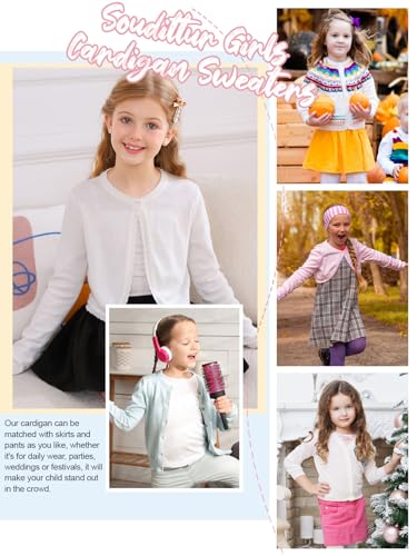 Soudittur Girls Cardigan Sweaters Cotton Long Sleeve Toddler Shrug Button Closure Knitted Dress Cover Up 3-12 Years4