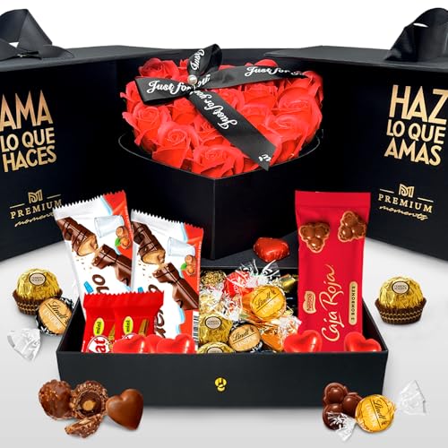 Caja Joyero Premium de San Valentín · Regalo Deluxe con 18 Rosas Aromatizadas y +36 Bombones Ferrero Rocher, Lindt Lindor, Caja Roja, Corazones de Chocolate, Kinder Bueno y más… · Joyero Reutilizable