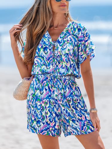 Image of CUPSHE Womens Summer Romper Front Tie Elastic Waist Beach Workout Rompers | Plunge V neck Short sleeve Wide leg, Casual Vacation Holiday Work Business Daily Outfits, Short One Piece Jumpsuit Dressy