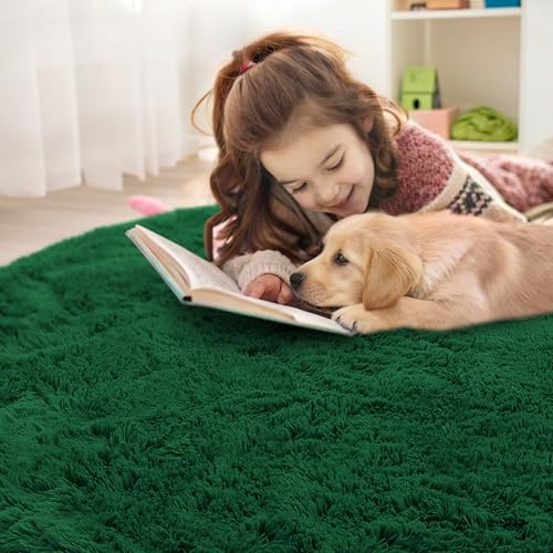 OLANLY Dark Green Round Rugs for Bedroom - Machine Washable, 3 ft Circle Area Rugs for Living Room, Soft and Fluffy Shaggy Carpet for Teen Girls and Boys, Nursery Rooms, Dorms, Home Decor Aesthetic