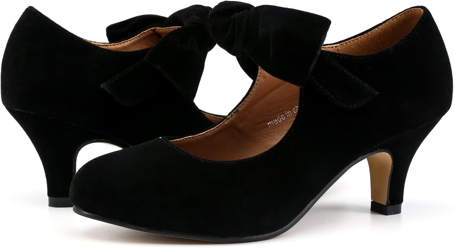 Women's Bow Mary Jane Kitten Heels Pumps Round Toe Low Heels Ankle Strap Wedding Dress Evening Party Shoes - Image 9