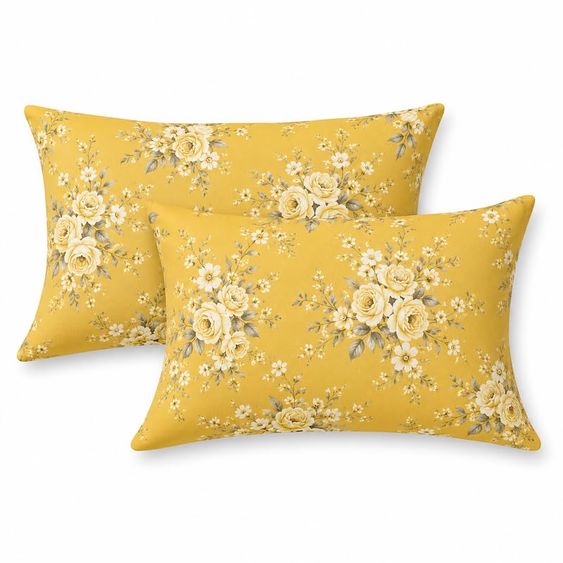 Image of Fitted Sheet Yellow Golden Floral Print Fitted Bedsheet | Glace Cotton 140 TC | Double Size (48x75 inch) with 2 Pillow Covers (18x28 inch) | Deep Pocket up to 10 Inches - Soft & Comfortable
