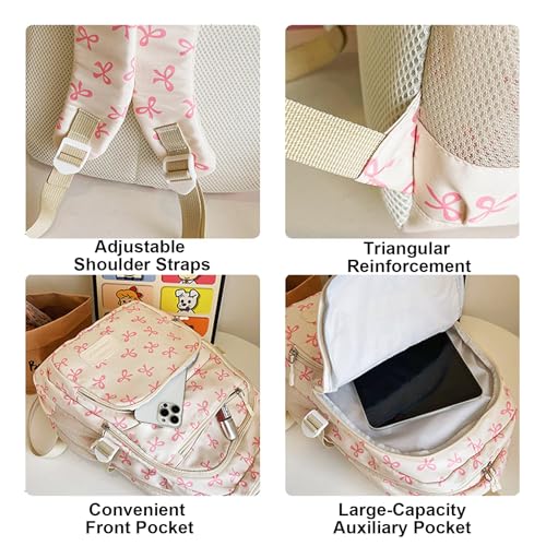 Pink Bow Backpack 3pcs Set,Coquette Cute Aesthetic Bow Backpack, Kawaii Nylon Backpack Set Large Capacity (Pink)4