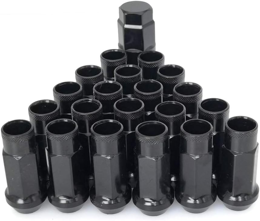 Lug Nuts M12x1.5 48mm Open End Wheel Nuts,Taper Acorn Seat, Forged Locknut Racing Nut 20 Set 2 Pieces Total 22 Pieces and 1 Nut Socket Key (Black, M12 x P1.5)