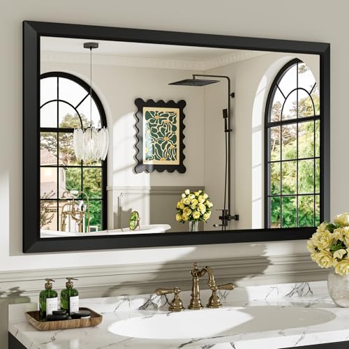Image of 48x30 Inch Black Bathroom Mirror for Wall, Beveled Framed Rectangle Bathroom Vanity Mirrors for Over Sink, Bedroom, Living Room, Entryway, Anti-Rust, HD Tempered Glass, Horizontally /Vertically