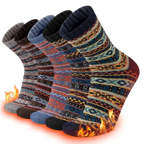 COOPLUS Warm Wool Socks Mens Winter Thermal Thick Crew Cold Weather Pattern Socks (5 Pairs)