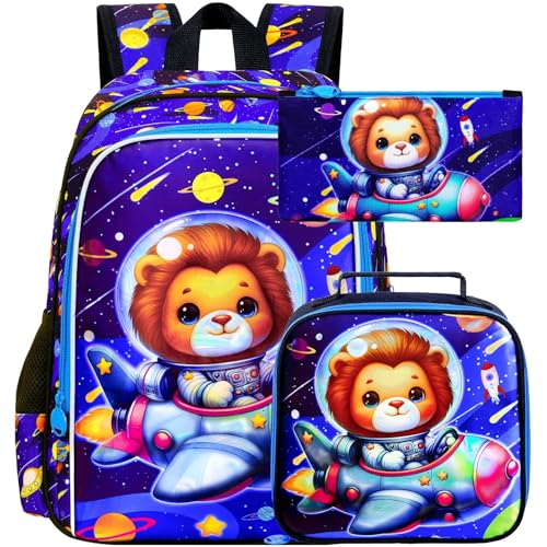 Image of UFNDC 3PCS Boys Lion Bookbag, Kids Space Backpack with Lunch Box, Water Resistant Rocket School Bag for Elementary Preschool Toddler