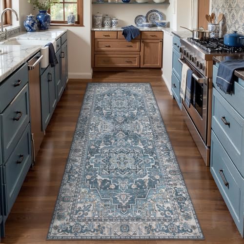 Image of 2x6 Washable Runner Rug for Hallways, Vintage Non Slip Rug Runners Blue