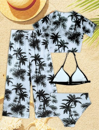 Happy Cherry Girl's 4PCS Swimsuits Tropical Print Halter Bikini Set Bathing Suits with Kimono and Cover Up Pant Boho Swimwear2
