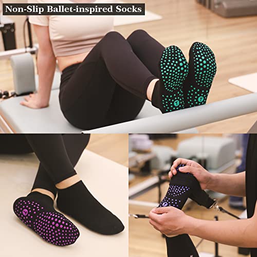 Pilates Socks for Women, Cushioned Ankle Grippy Non Slip Socks for Yoga, Hospital, Barre, Sports Home Slipper 2/4 Pairs2