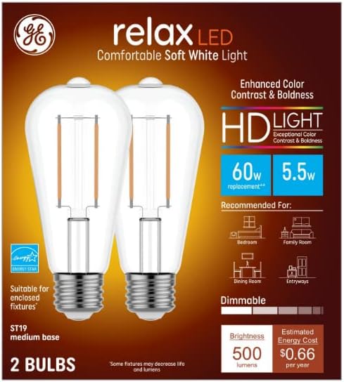 (2-Pack) GE Relax LED Vintage 60 watt equivalent ST19 Soft White Dimmable Decorative Light Bulb