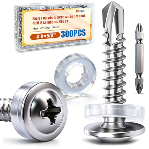 weideer 300pcs #8×5/8" Self Tapping Screws for Metal, 410 Stainless Steel Metal Screw, Truss Head Sheet Metal Screws with Washer, Screwdriver Bit K-158-W-16mm