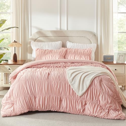 Image of Andency Ruched Blush Pink Full Size Comforter Sets, Shabby Chic Pleatd Bedding Sets 3 Pieces, Lightweight Soft Boho Ruffle Bed Set for Girls, Kids, Women, All Season