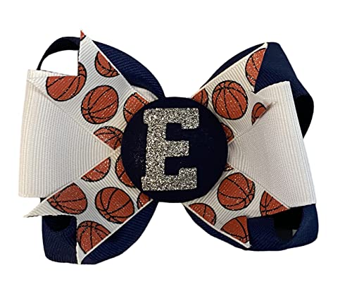 Basketball Bow, Hair Clip Ponytail, Glitter Initial With Navy Blue Silver White, Match Your School Team For Girls #TOP20