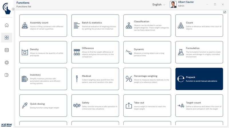 KERN SET-17 - Software EasyTouch PrePack – comprobación de artículos preenvasados, tres funciones: Básico, comprobación y producción