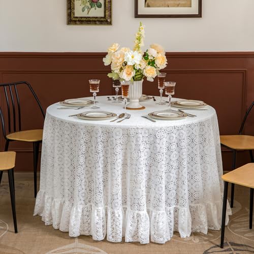 GLORY SEASON Lace Round Tablecloth with Flower and Leaf Pattern Fabric Ivory White Table Cloth Cover for Wedding Buffet Banquet Parties Event Holiday and Farmhouse Kitchen Dining Decor 120 Inch