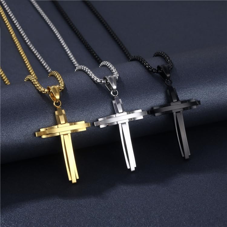 Men's Stainless Steel Large Jesus Christ Cross Pendant Necklace With Byzantine Chain 22 24 26 inch,Black/Gold/Silver - Image 2