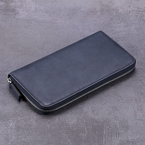Image of HISCOW Leather Checkbook Cover, Zippered Wallet, Aniline Leather Blue | Full grain cowhide, 5cc & ID window, personal check book & register pockets, removable duplicate divider, women secure zipper