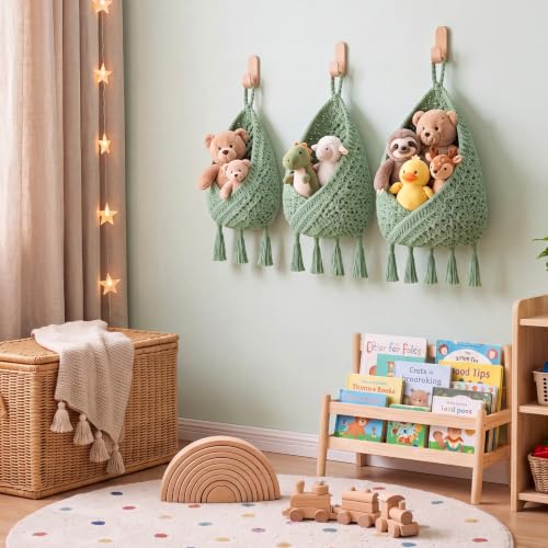 Image of Honeydak 3 Hanging Baskets, Sage Green, Triangular Tassel, Jute