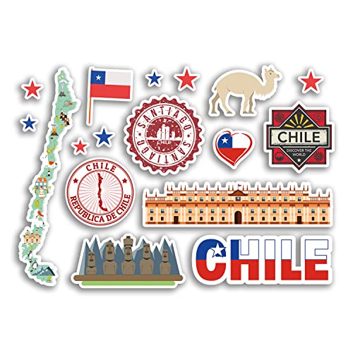 Feuille d'autocollants A5 en vinyle - Motif carte du Chili - Monuments de la culture des pays des vacances - Drapeau de voyage #78480