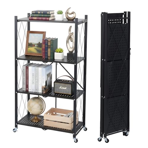 Image of 4 Tier Foldable Storage Shelf with Wheels, Collapsible Metal Rack Shelving Unit, No Assembly Required, Rolling Cart Shelf Rack Organizer for Books, Garage, Kitchen, Closet, Pantry, Exhibition, Black